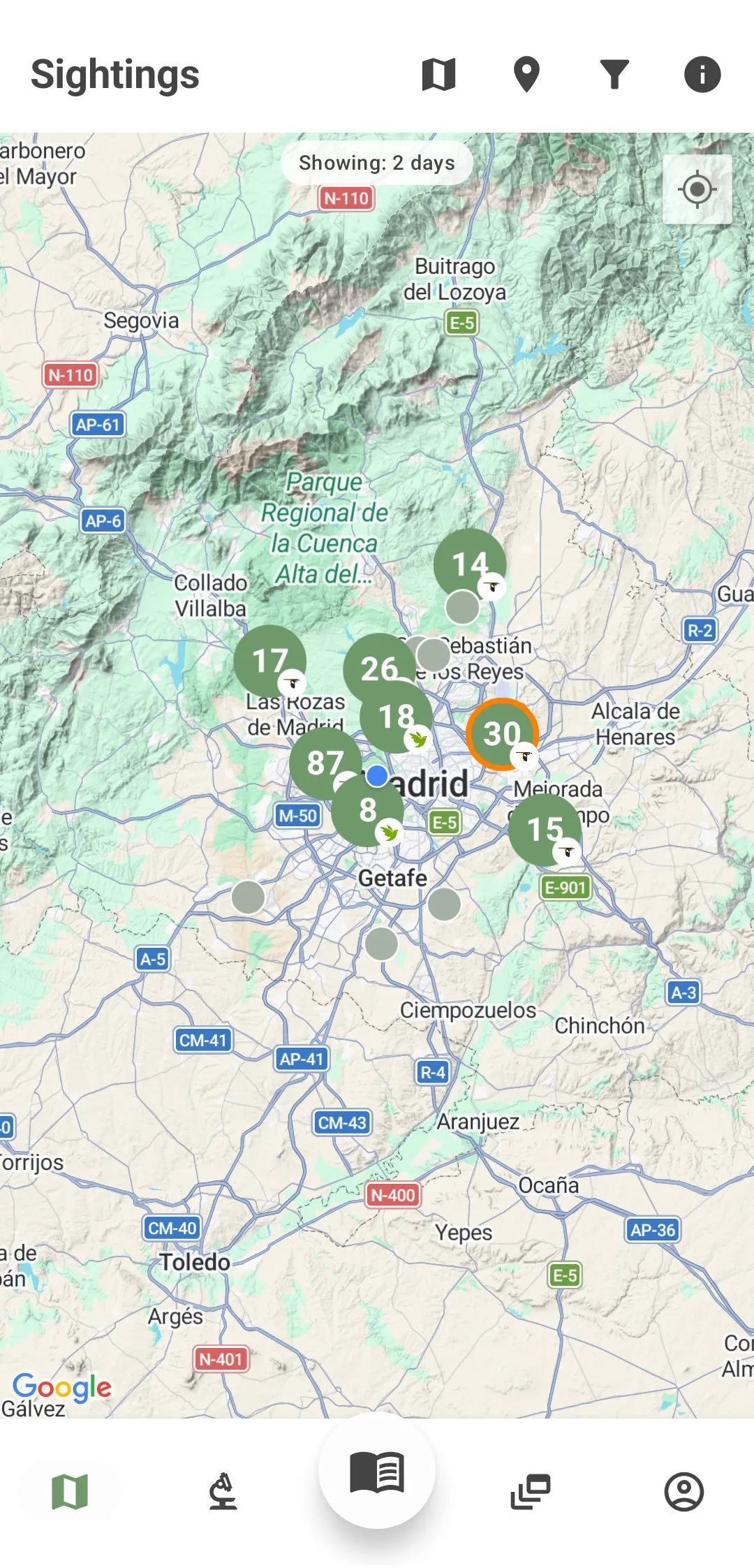 BirdPedy sightings map in Madrid