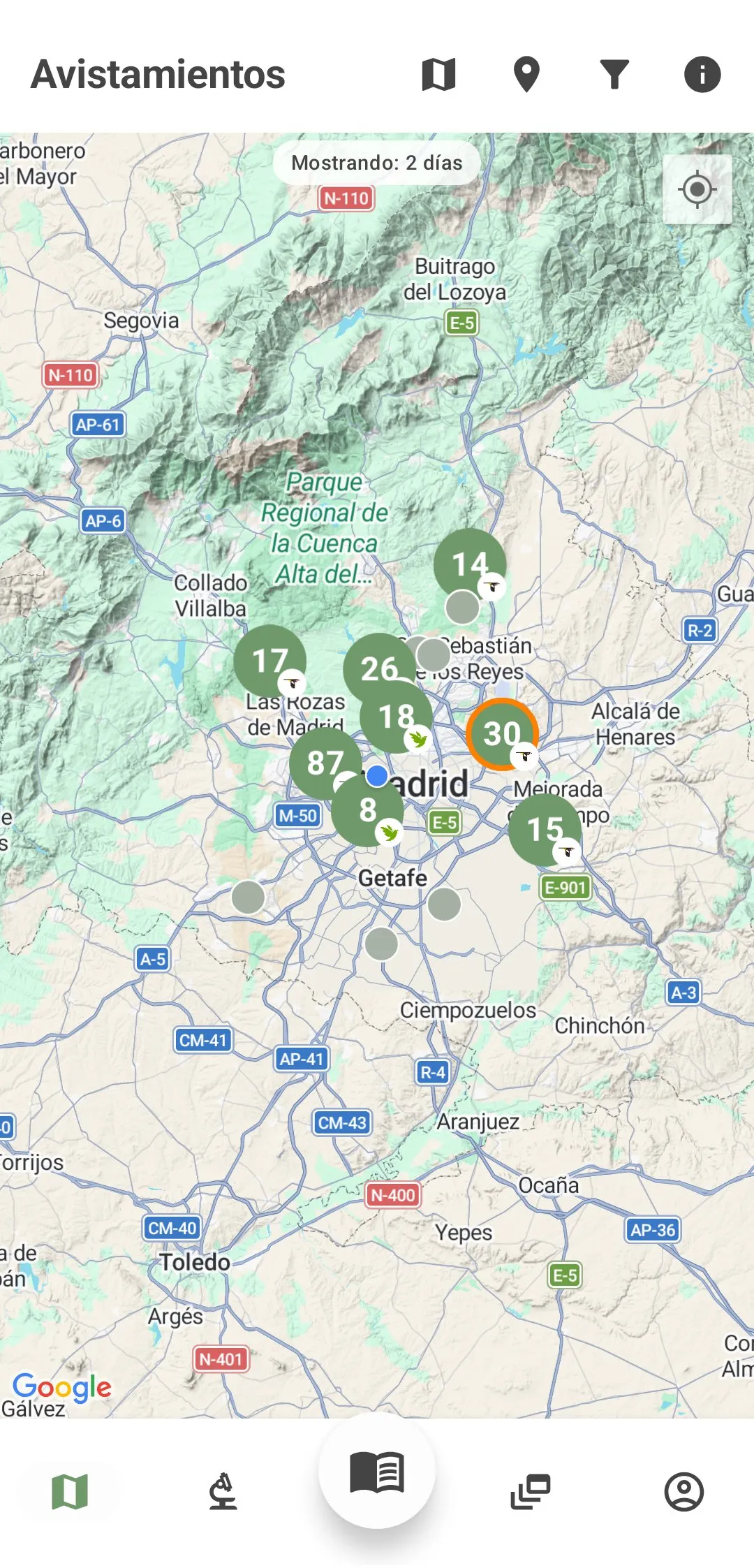 Mapa de avistamientos de BirdPedy en Madrid